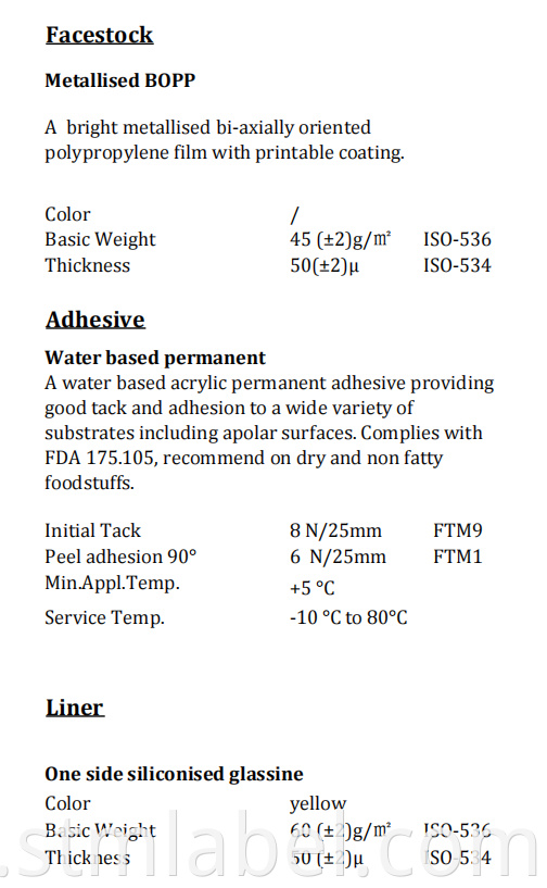 Metallised Bopp Tc Water Based Permanent Yellow Glassine